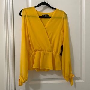 Lulu’s Bloom Yellow Cold Shoulder Surplice Top